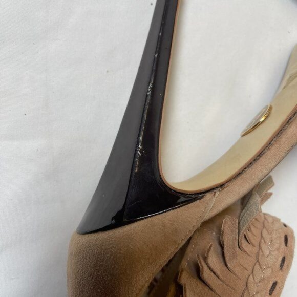 BEBE Tan Suede Leather Heels Fringe Ankle Strap Sz 7 - Picture 7 of 8